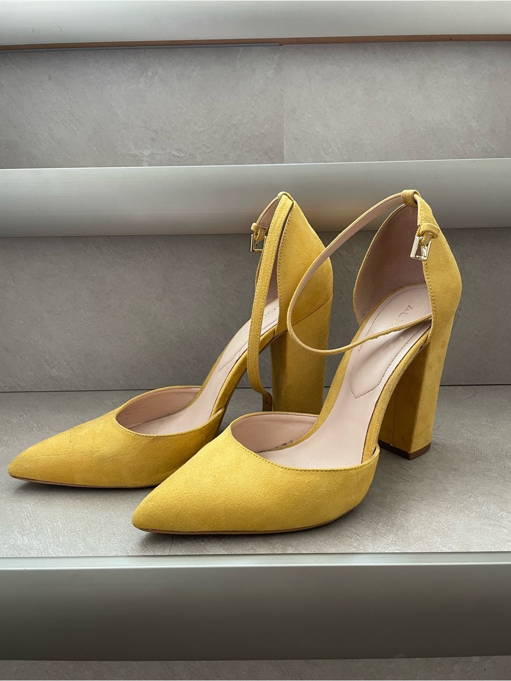 Aldo Yellow Suede Ankle Strap Pumps with Block Heel